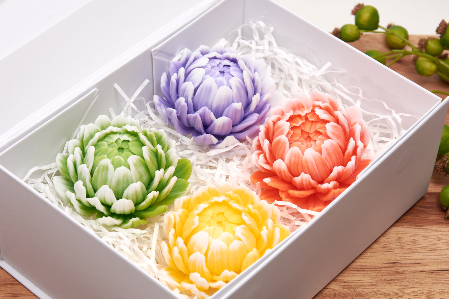 Chrysanthemum Soap Flowers, Handmade and Scented - in Luxury White Gift Box (Set of 4)