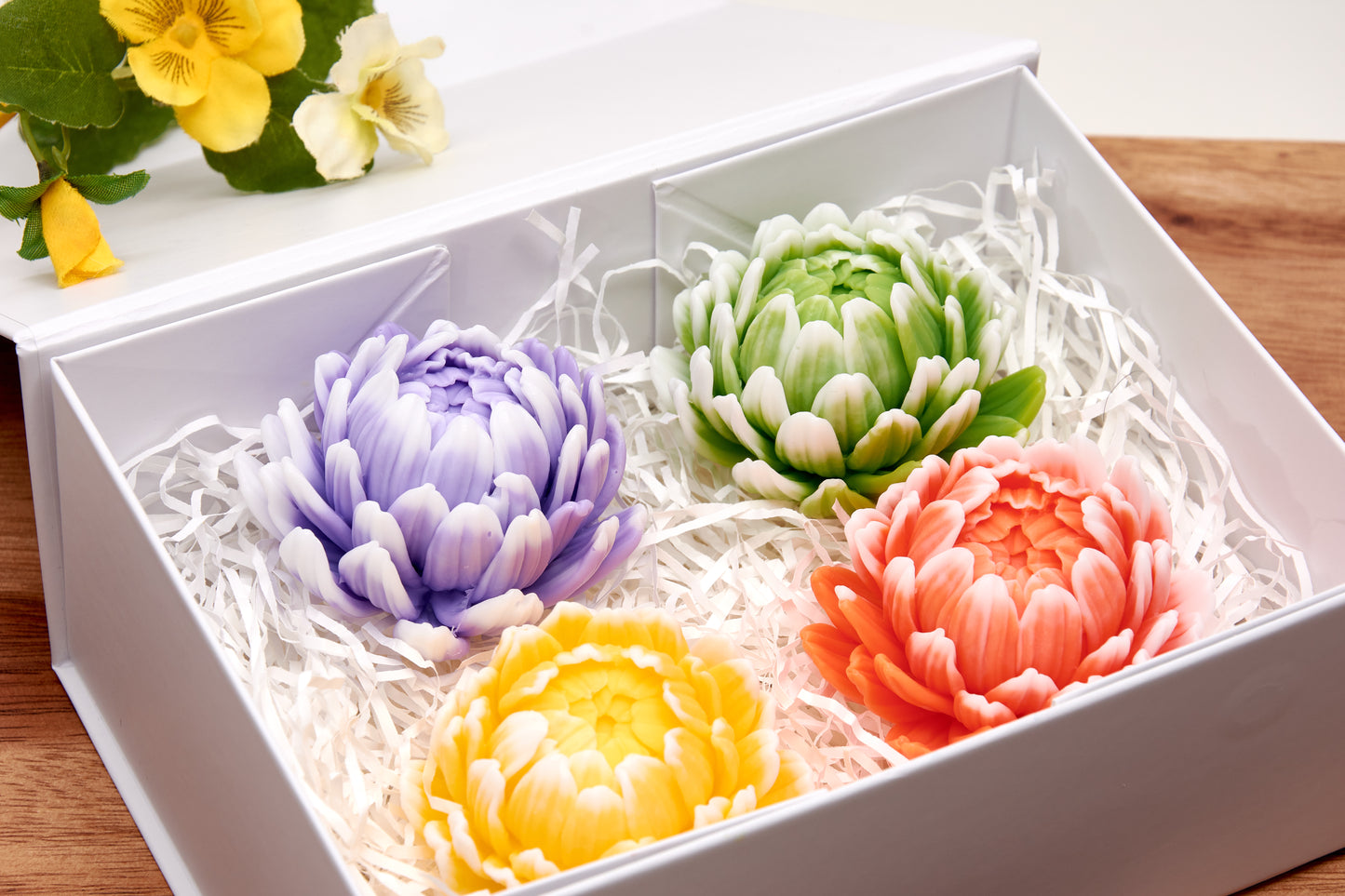 Chrysanthemum Soap Flowers, Handmade and Scented - in Luxury White Gift Box (Set of 4)